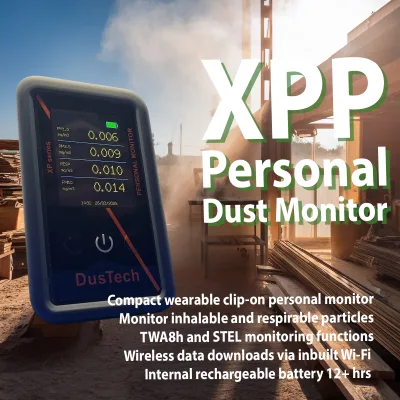 Wearable XP Personal Dust Monitor at a construction site, showing real-time dust readings on the display.