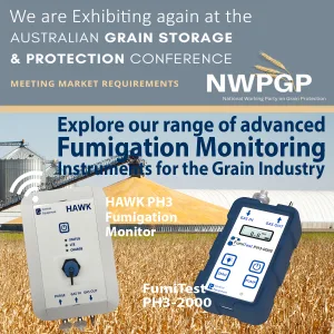 Grain protection conference banner showing two gas monitoring devices (HAWK and FumiTest PH3-2000) in a wheat field; advertisement text visible.