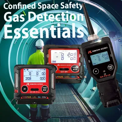 Promotional banner: Confined Space Safety, Gas Detection Essentials, with three RIKEN KEIKI gas detectors and a worker in a neon vest inside a tunnel.